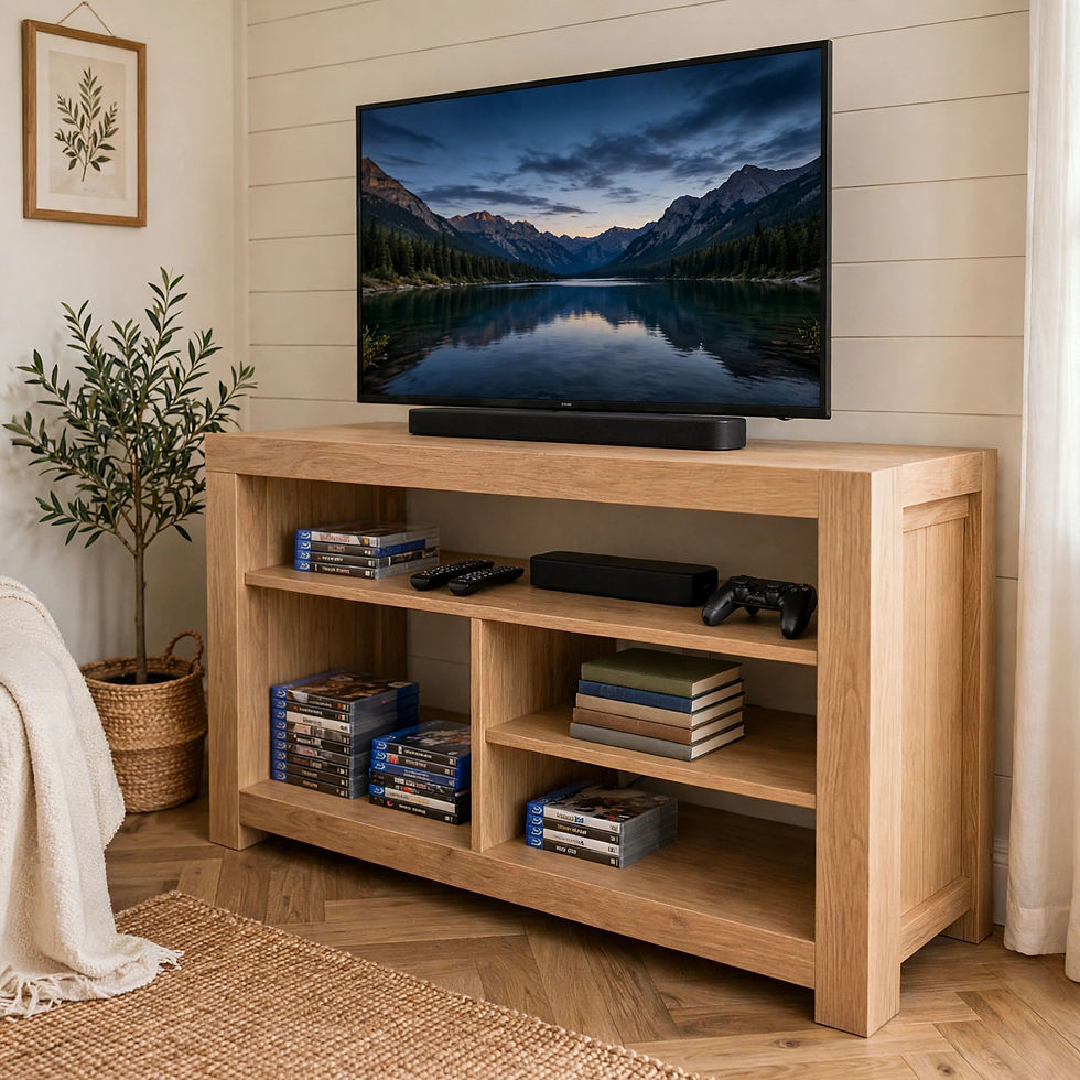 Rustic oak chunky leg tv stand with 4 compartments, thick 80-100mm legs solid oak handmade in UK, bespoke sizes