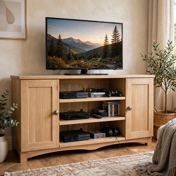 Rustic oak tv stand with 2 doors and 2 shelves, solid oak handmade in UK, bespoke sizes