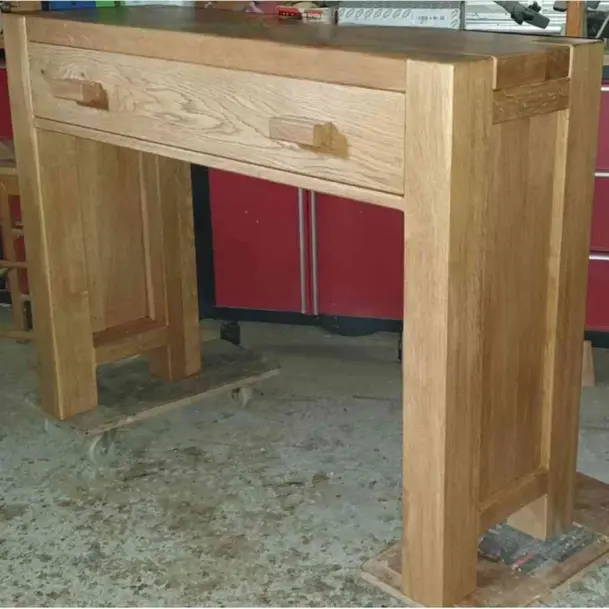 Handmade solid oak rustic console table with drawer made to measure UK furniture, side view