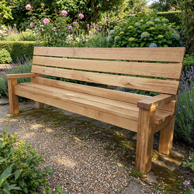 Rustic oak high back garden bench with tall back support, handmade solid oak bespoke made to order in UK
