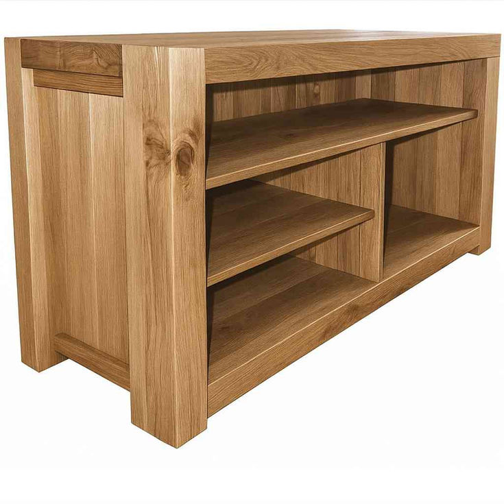 bespoke rustic oak tv cabinet storage shelves detail