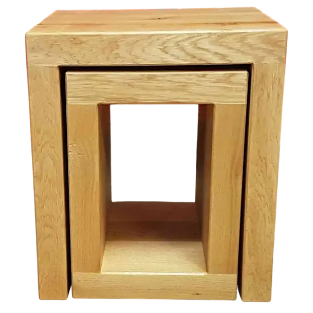 Close-up of handcrafted oak joinery on cube side table