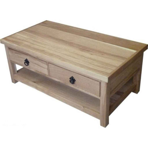 custom made solid oak coffee table with two drawers and a lower shelf