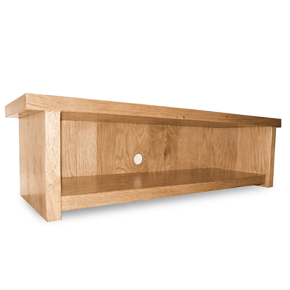 Rustic oak low profile tv unit beneath wall mounted TV low design