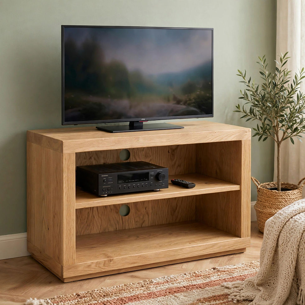 Small rustic oak cube tv stand with 50 inch TV in compact living room