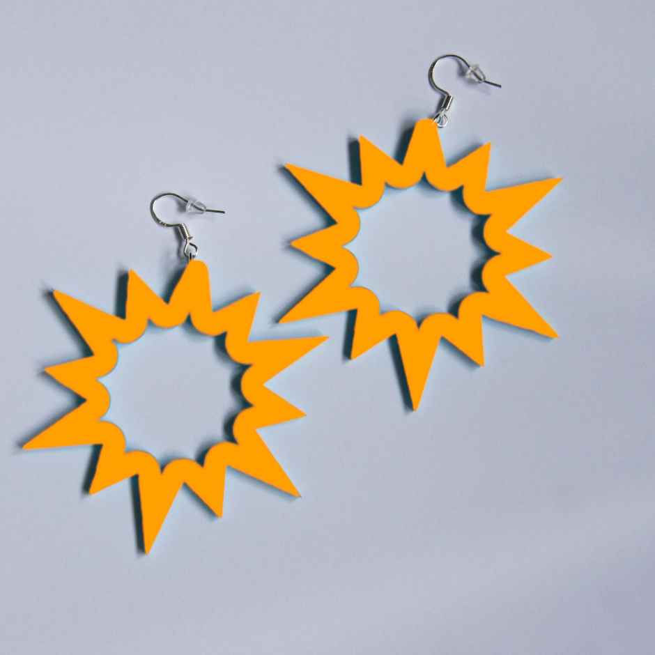 Thumbnail: Orange Acrylic Star and Moon Dangle Earrings, a laser-cut crescent moon and star on 925 sterling silver hooks