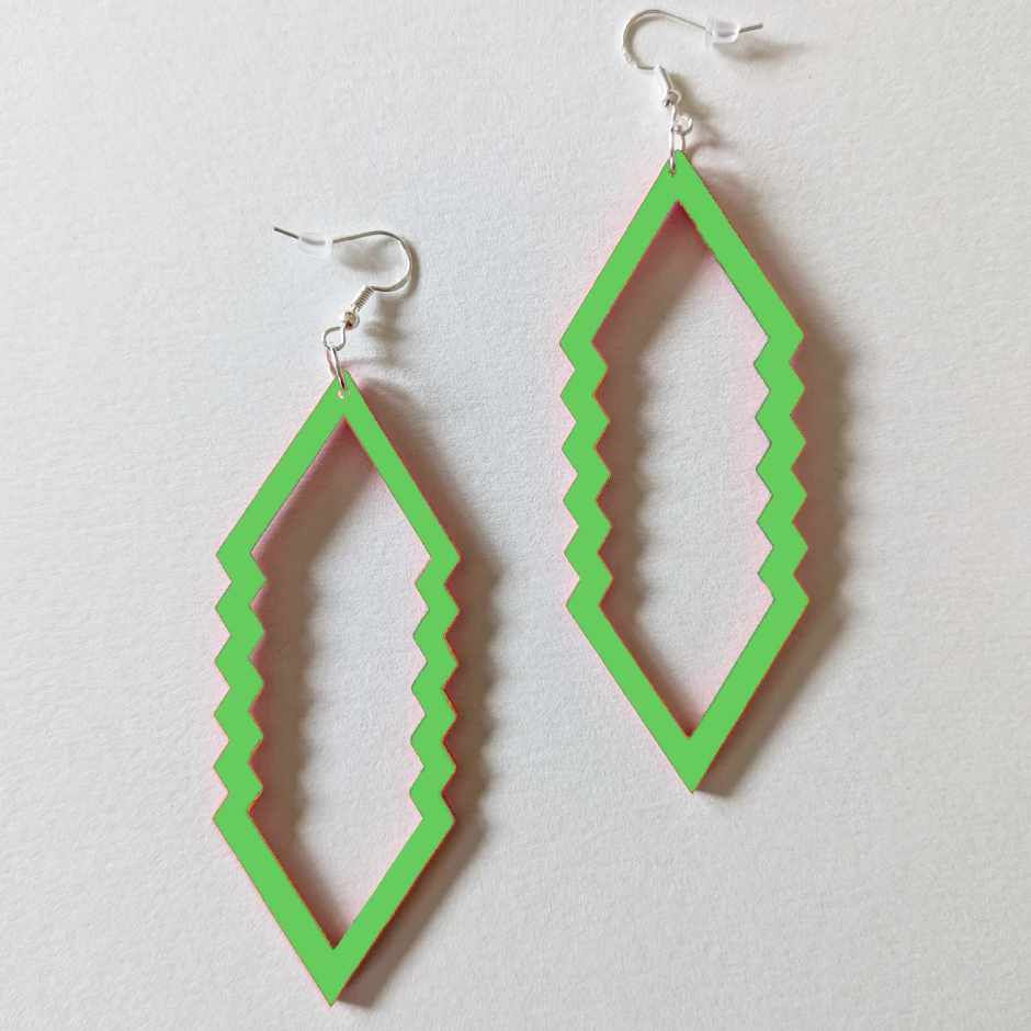 Thumbnail: Light green Handmade acrylic long diamond dangle earrings lightweight statement jewellery