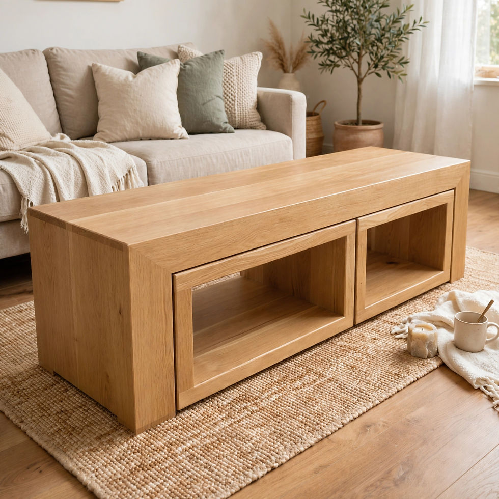 Rustic oak coffee table with storage cubes and two matching cube stools handmade in Lincolnshire