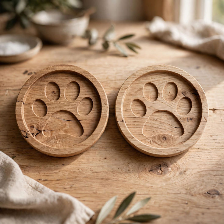 Rustic Oak Cat Paw Coasters handmade from character oak