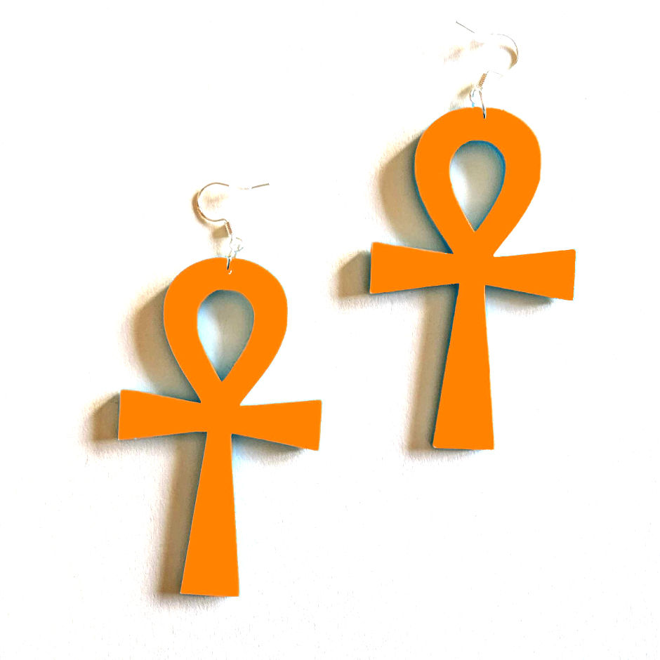 Thumbnail: Orange Acrylic Ankh Dangle Earrings featuring a large, sleek laser-cut Egyptian Ankh symbol on 925 sterling silver hooks.