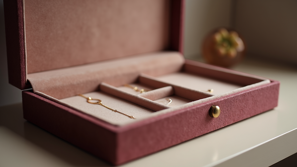 Eye-level view of a jewellery box with soft compartments and velvet lining