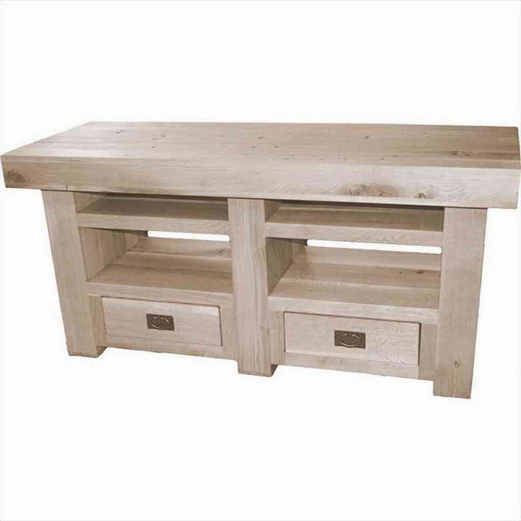 Bespoke chunky rustic oak beam TV stand with storage drawers and natural wood character 2