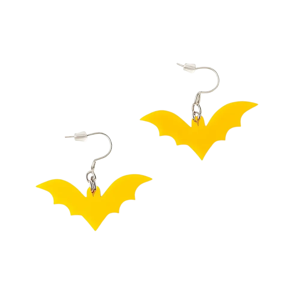Thumbnail: Handmade Yellow Acrylic Spooky Bat Dangle Earrings