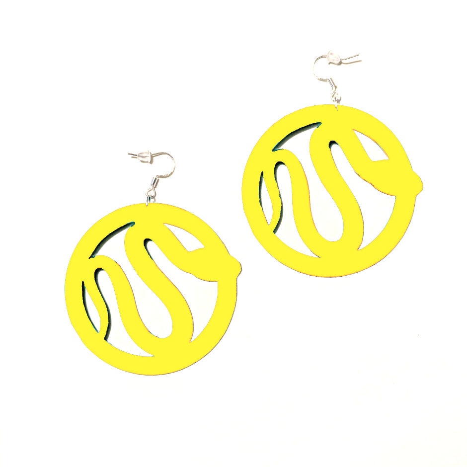 Thumbnail: Yellow Acrylic Serpent Hoop Earrings, intricate laser-cut snake design forming a hoop silhouette on silver hooks
