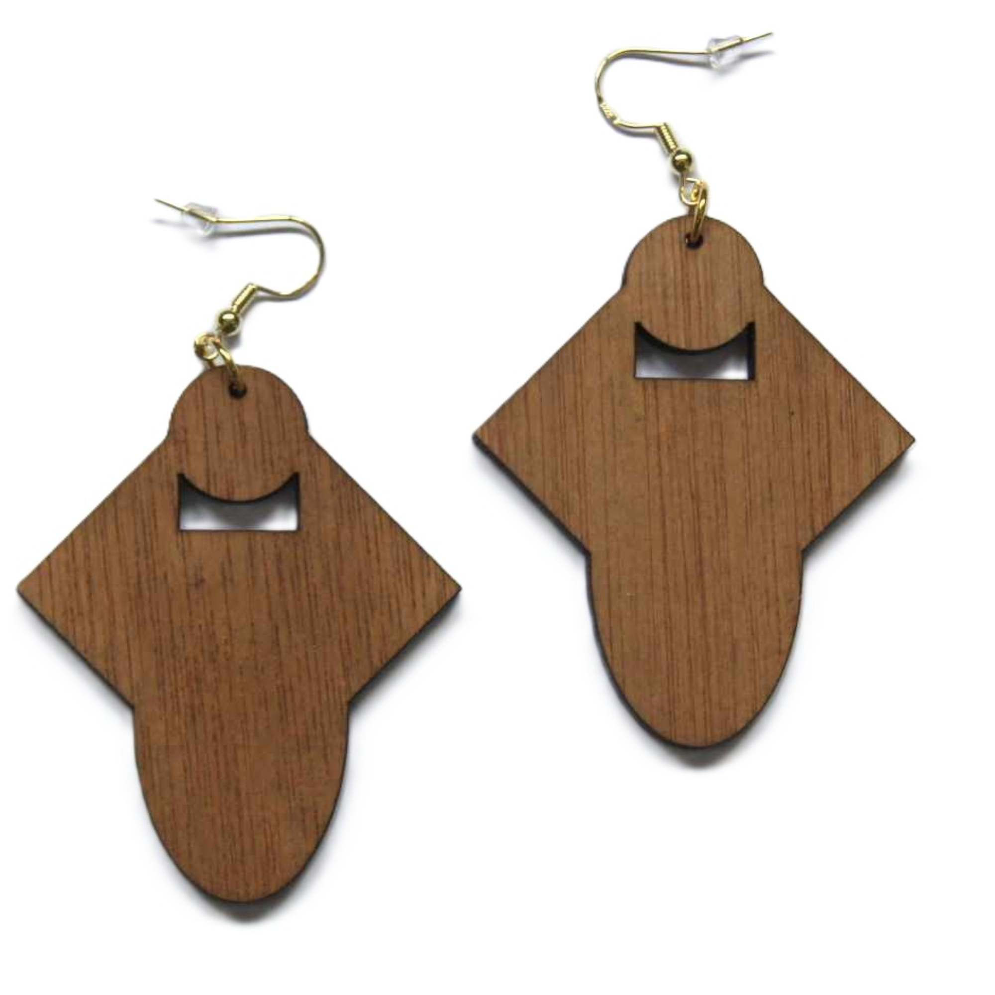 Handmade wooden robot earrings with gold coloured silver hooks