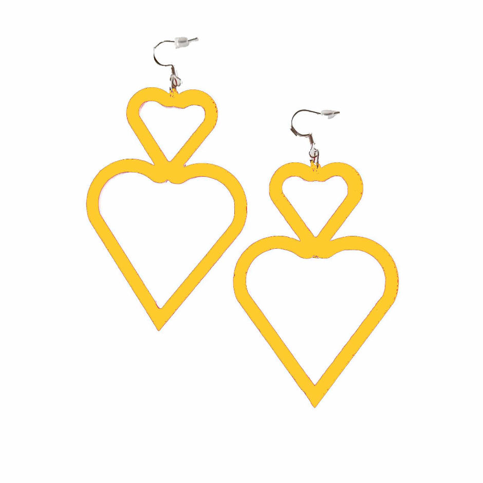 Thumbnail: Yellow Handmade acrylic double heart dangle earrings lightweight statement jewellery
