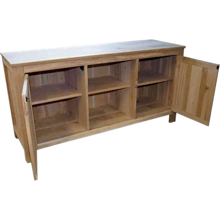 Open shelving rustic oak TV unit showing storage space