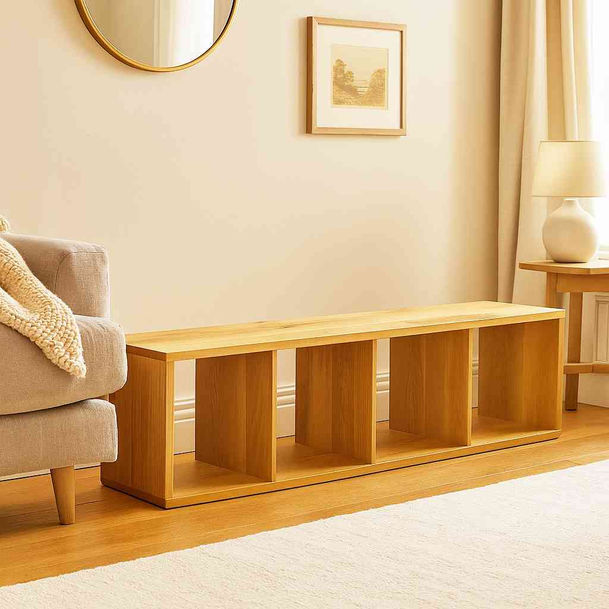 Long rustic oak 4 cube unit used as a wide TV stand or media unit