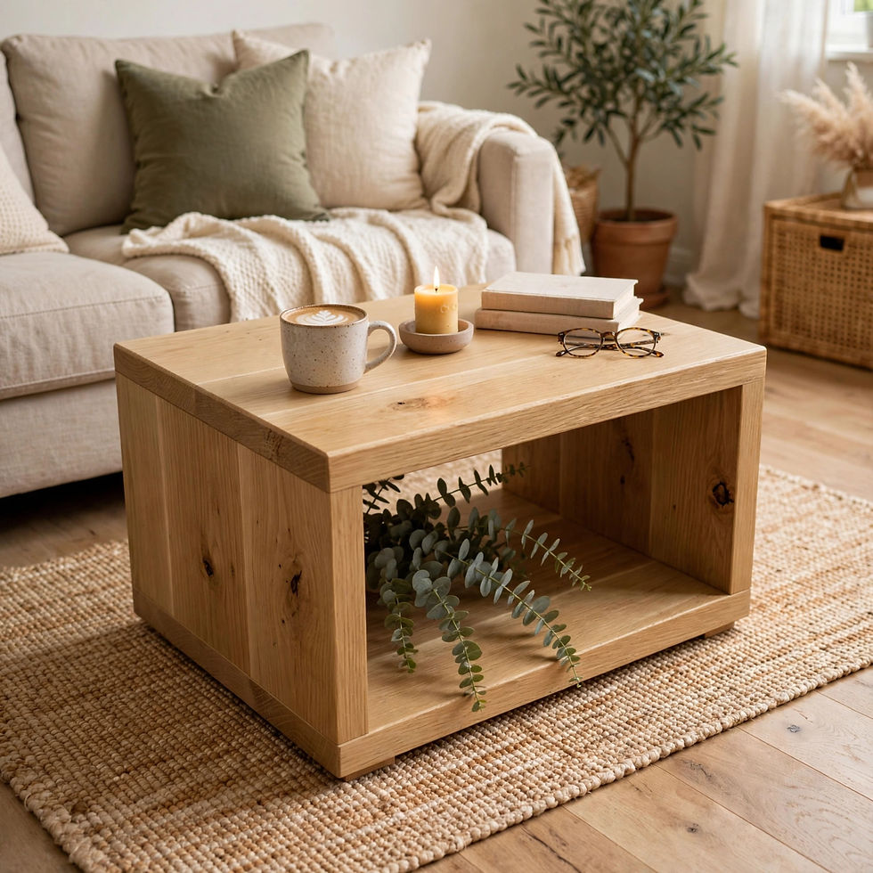 Chunky rustic oak cube side table single cube open storage, handmade solid oak bespoke made to order in UK
