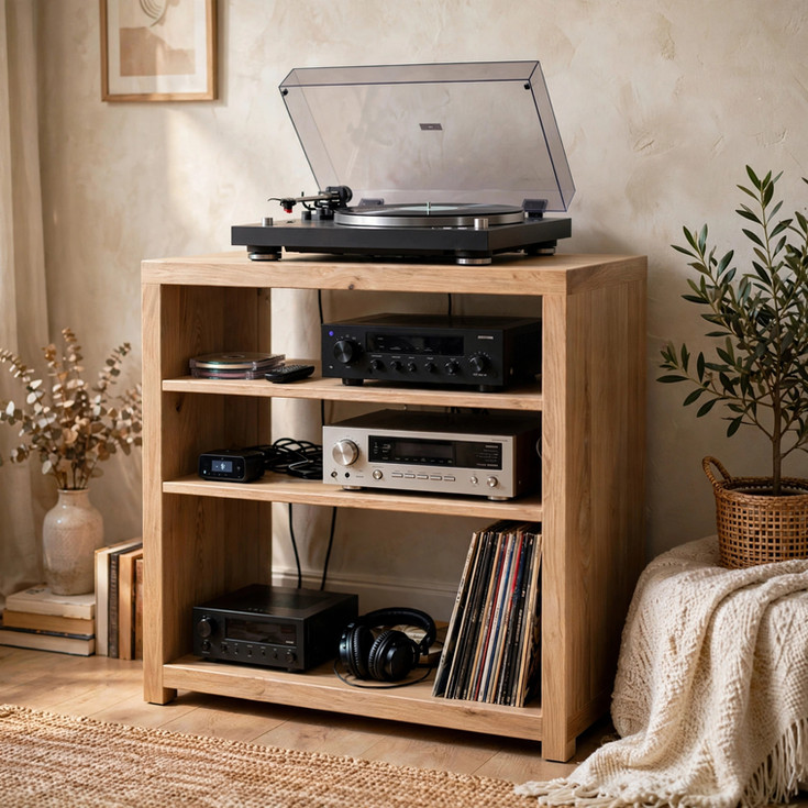 Solid Oak Open Back Hi-Fi Unit with Vinyl Record Storage platform for turntable on open back unit.