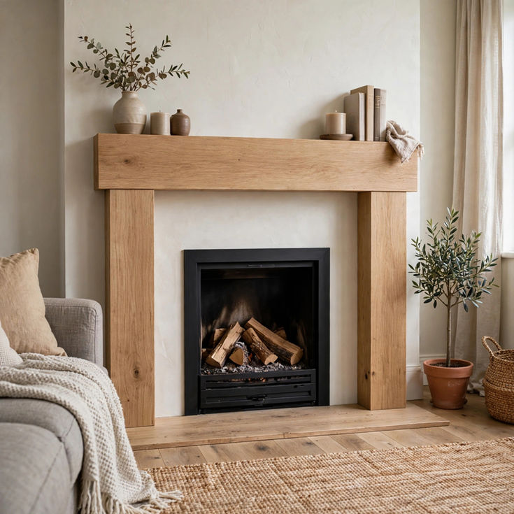 chunky rustic oak fire surround living room main view