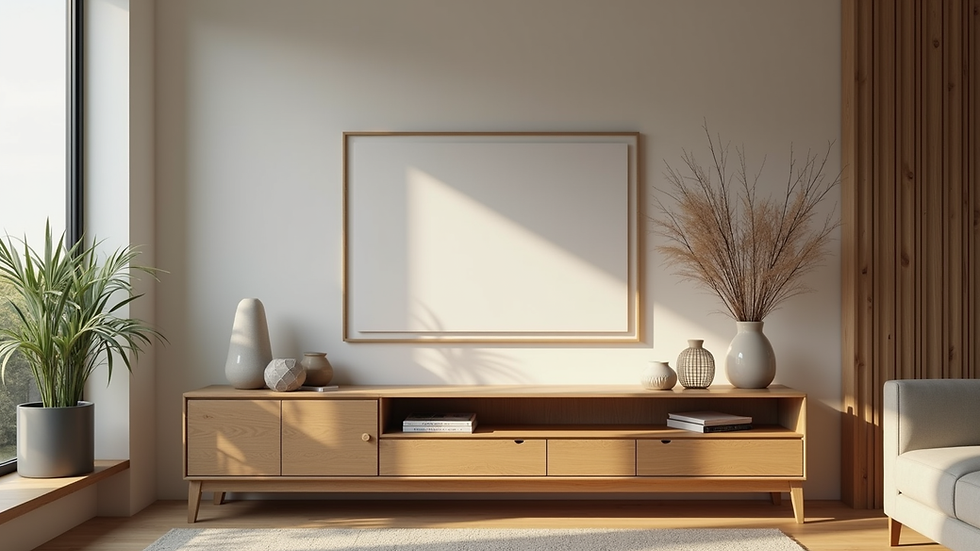 Eye-level view of oak console table with decorative items in a cozy living room