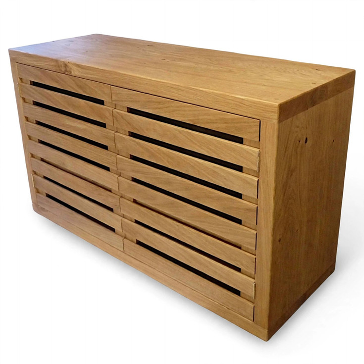 rustic oak slatted 2 door TV stand angled view