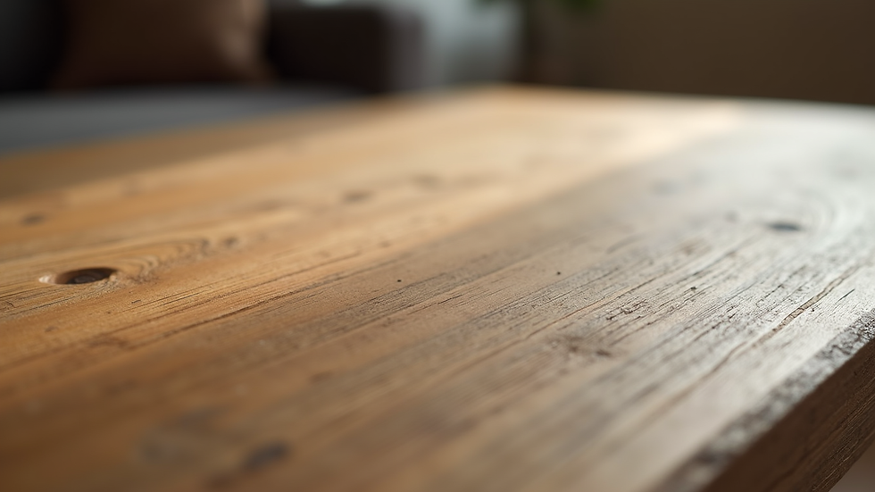 Close-up view of oak wood grain on a rustic coffee table surface