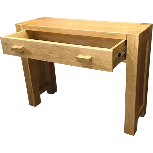 Handmade solid oak rustic console table with drawer made to measure UK furniture, with open drawer