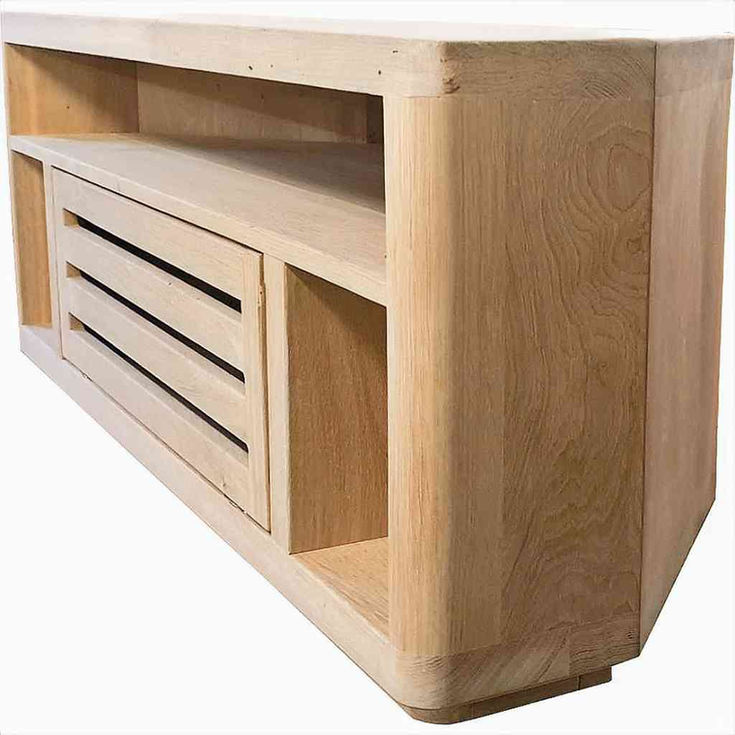 Handmade solid oak corner TV stand with drop-down door and rustic grain, right side close up