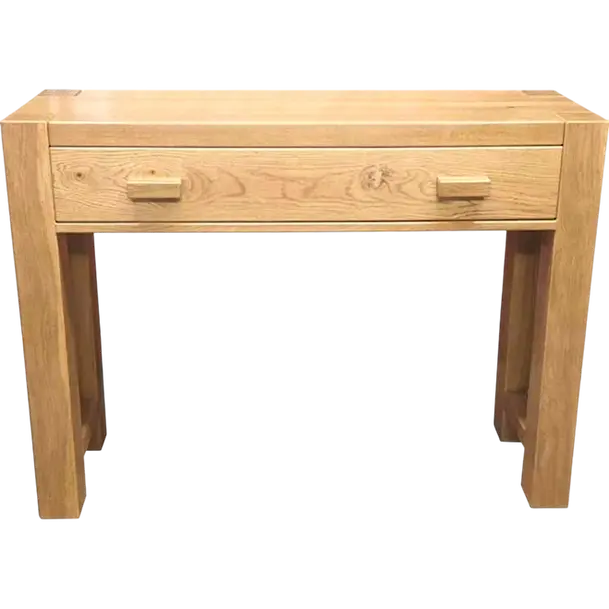 Handmade solid oak rustic console table with drawer made to measure UK furniture, front view