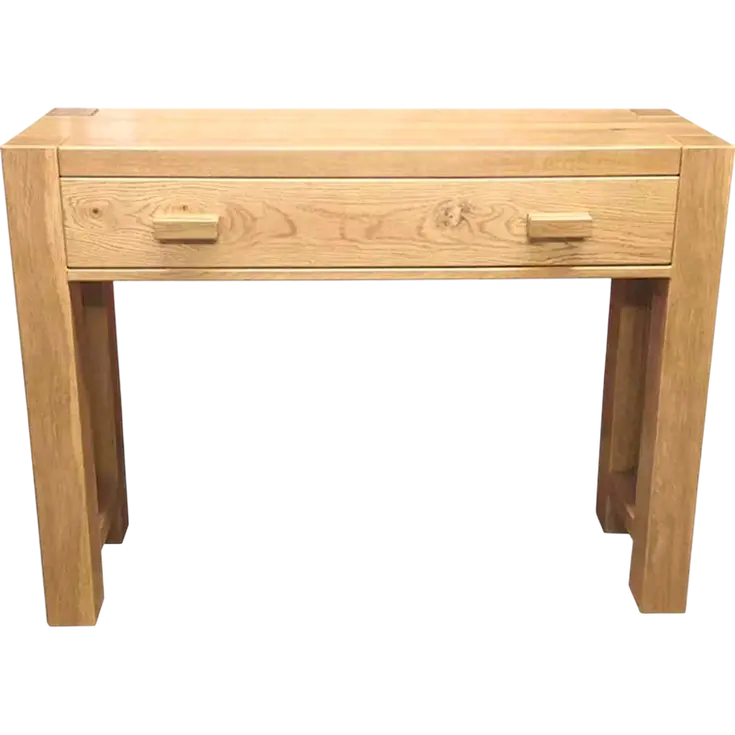 Handmade solid oak rustic console table with drawer made to measure UK furniture, front view