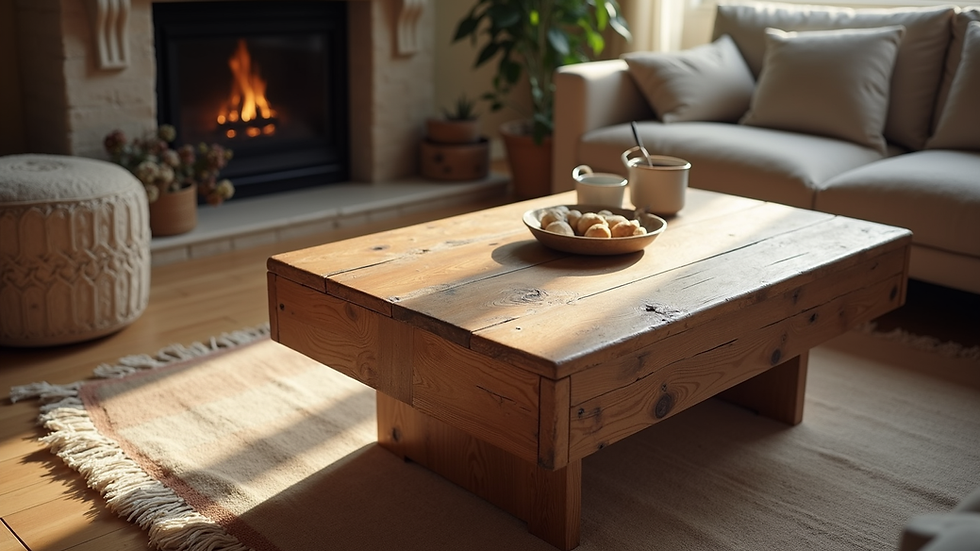 High angle view of a rustic oak coffee table in a cosy living room setting