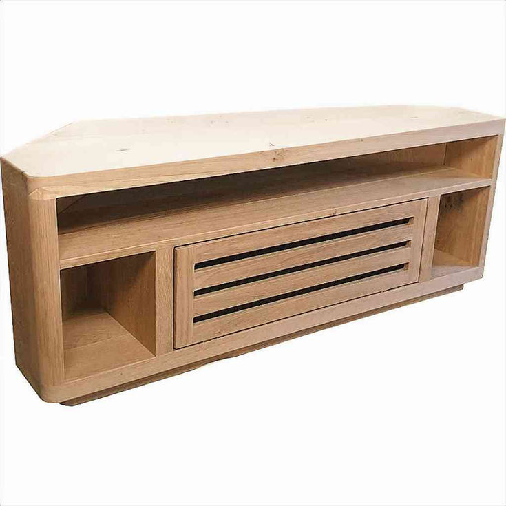 Handmade solid oak corner TV stand with drop-down door and rustic grain, left side view