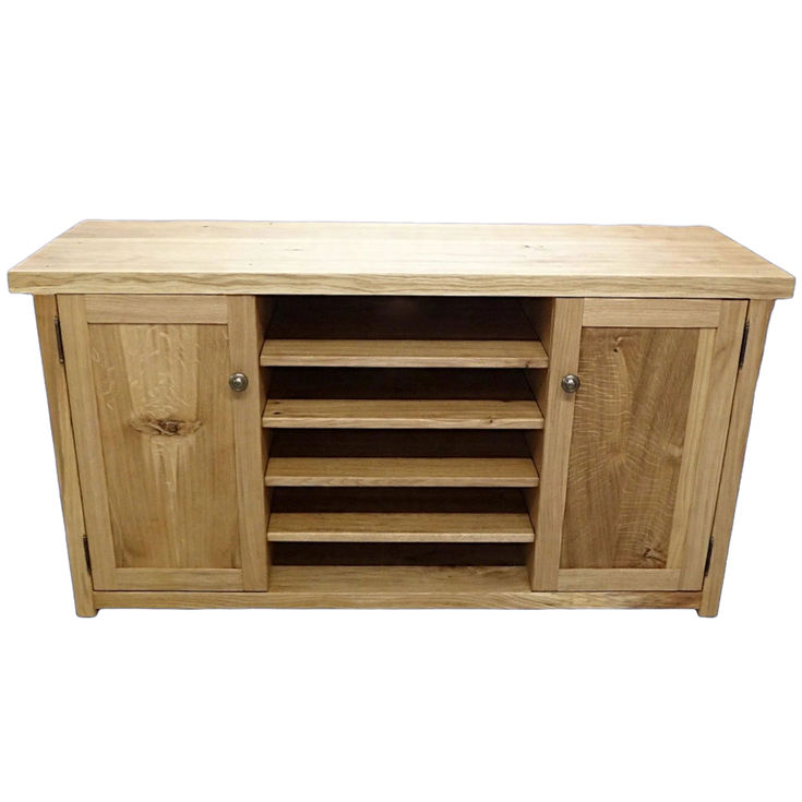 handmade rustic oak TV stand with 4 shelves front top view
