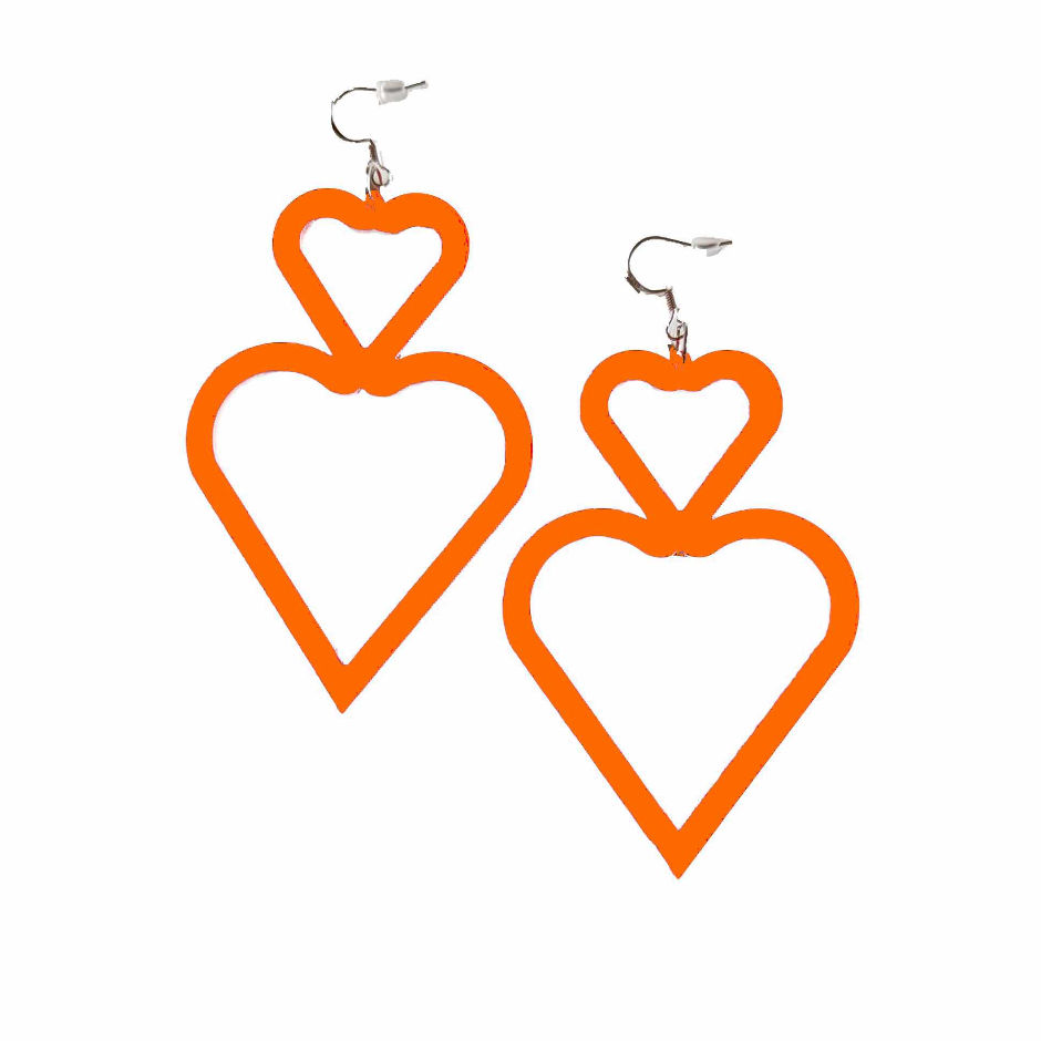 Thumbnail: Orange Handmade acrylic double heart dangle earrings lightweight statement jewellery