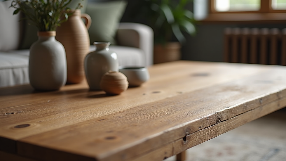 Close-up view of rustic oak coffee table surface with decorative items