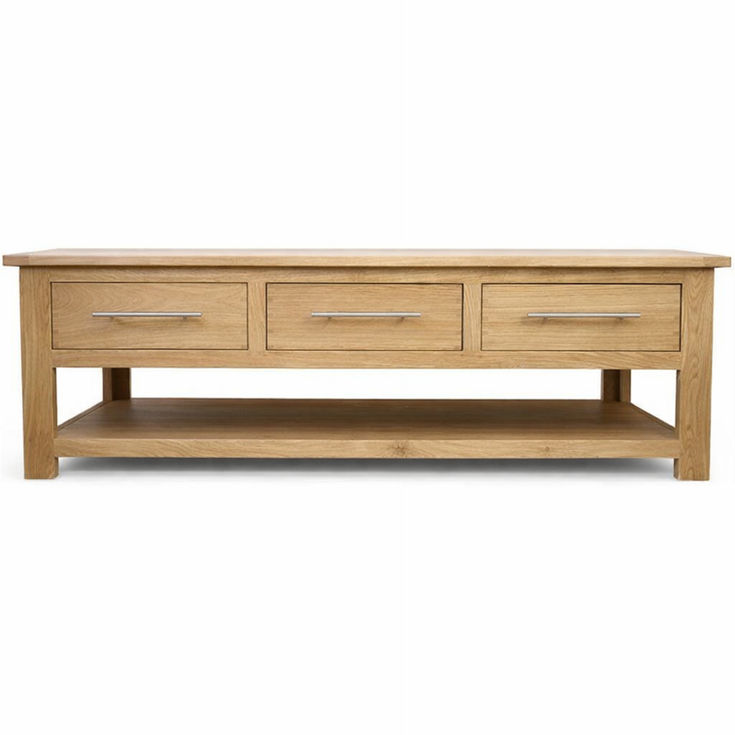 handcrafted Rustic Oak Coffee Table with 3 Drawers front view