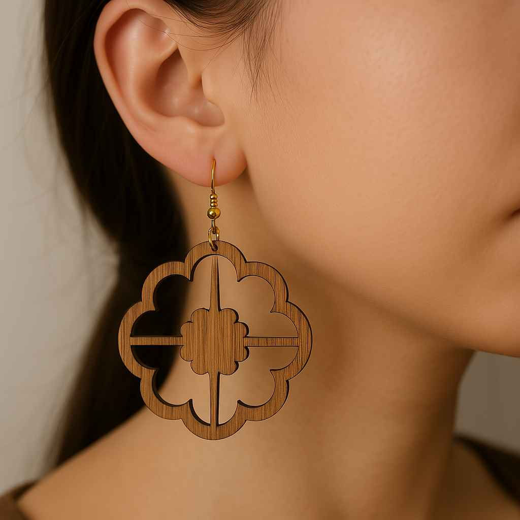 Wooden Flower Blossom Hoop Earrings being modelled