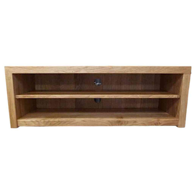 Rustic solid oak TV unit front view showing full structure and grain detail
