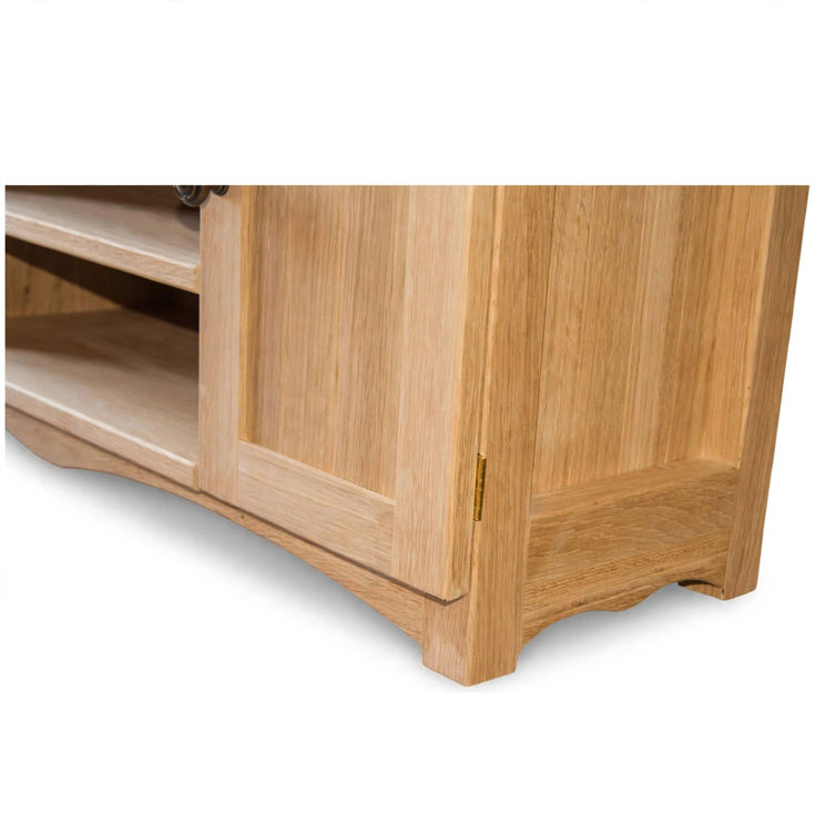 Rustic Oak TV Stand with 2 Doors and 2 Shelves close up
