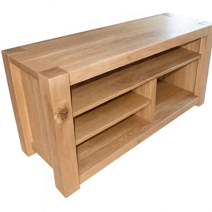 rustic oak chunky leg TV stand with 4 compartments left side top view