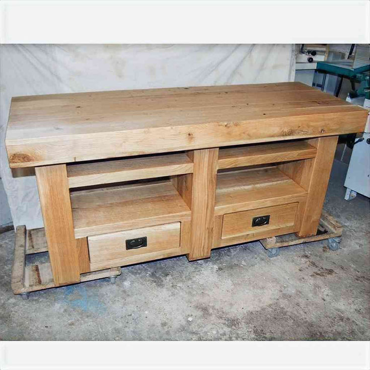 Bespoke chunky rustic oak beam TV stand with storage drawers and natural wood character 4