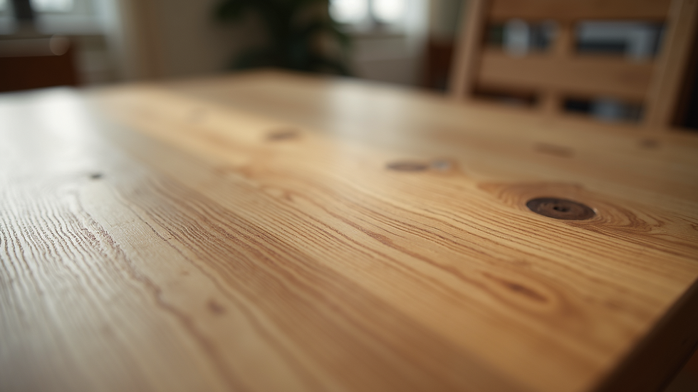 Close-up view of solid oak wood grain on a coffee table surface