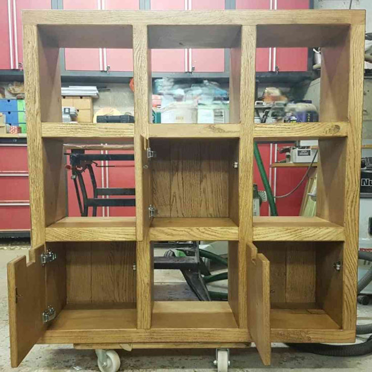Bespoke grand chunky rustic oak 9-cube display unit solid oak doors and six open storage compartments.4