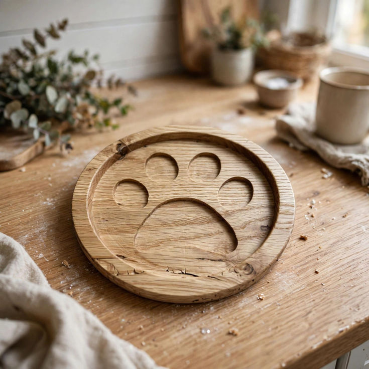 Rustic oak cat paw coasters, handmade solid oak paw print shape bespoke made to order in UK