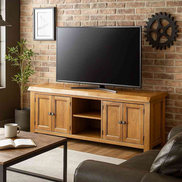 Rustic Oak Waney Edge 4 Door TV Stand in a dark wax finish