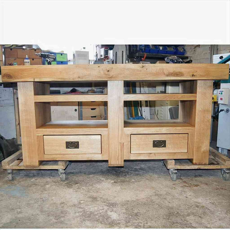 rustic solid oak beam TV stand with drawers front view