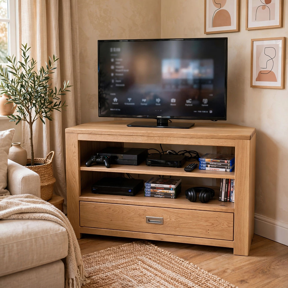 Rustic oak corner tv stand with drawer, angled back solid oak handmade in UK, bespoke sizes for corners