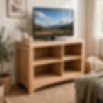 rustic oak TV stand with 2 adjustable shelves in a living room scene